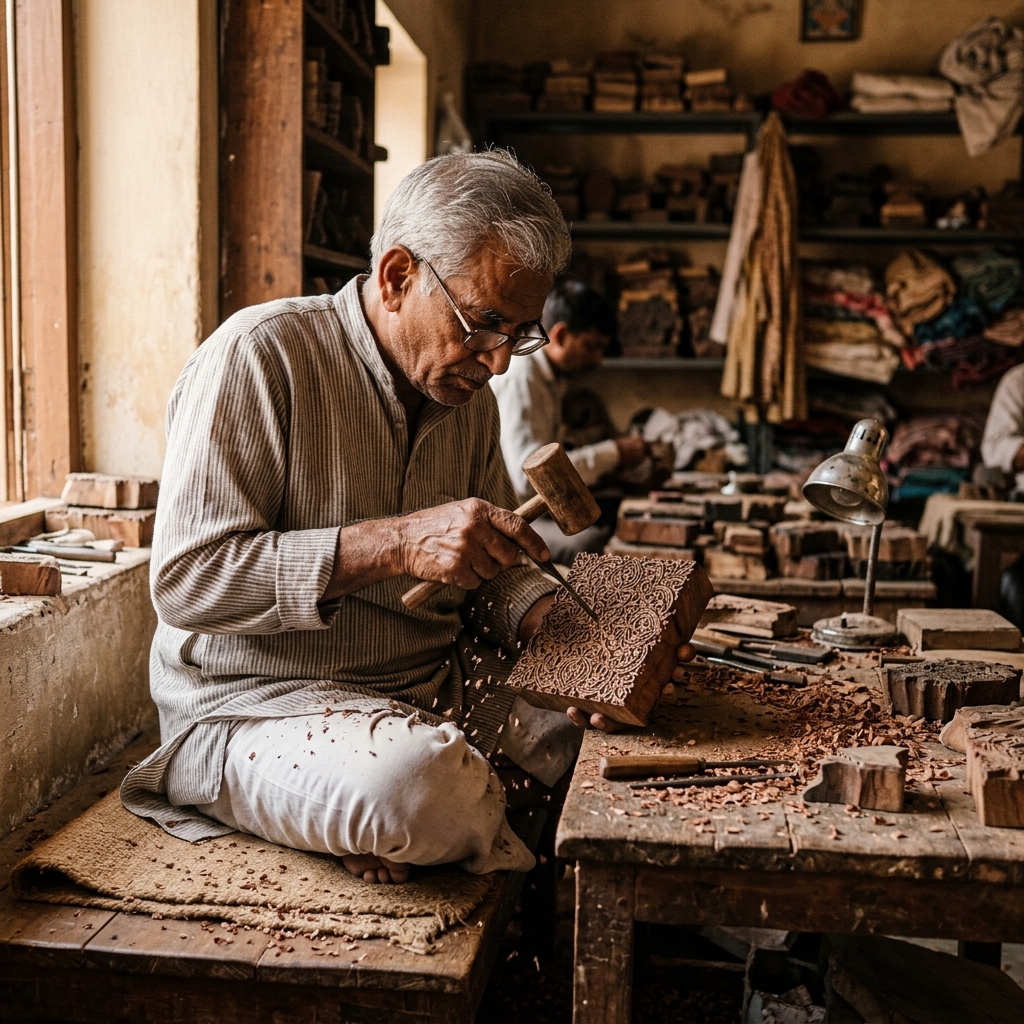 Jaipur master craftsman hand carving intricate wooden block for textile printing