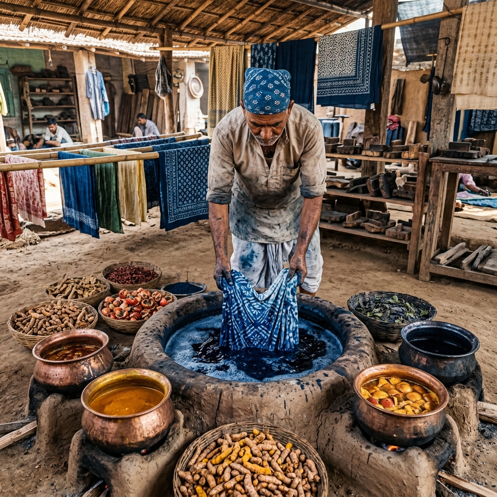 Master Indian artisan dipping organic cotton fabric into natural indigo and Dabu dye vat