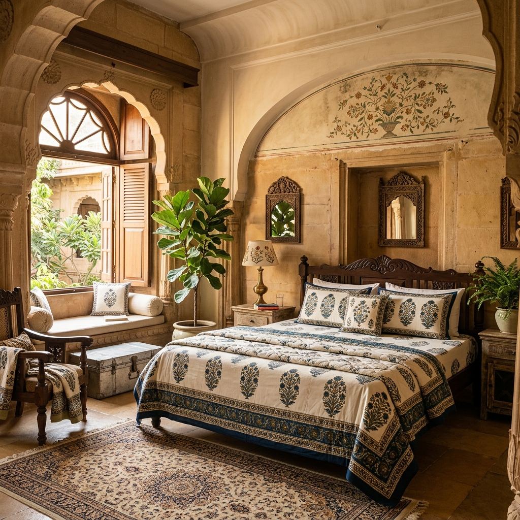 Sanganeri hand block printed organic cotton bedsheets in Rajasthani luxury bedroom