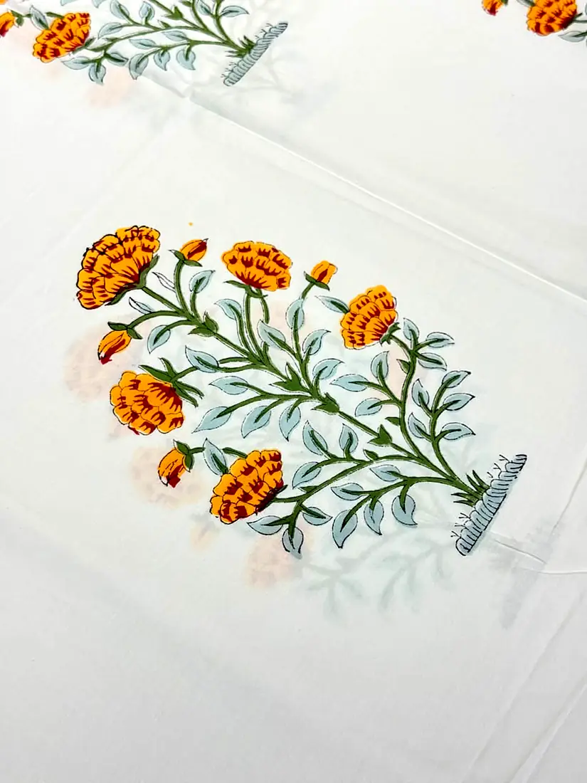 Marigold Field hand block print cotton bedsheet, photo 1